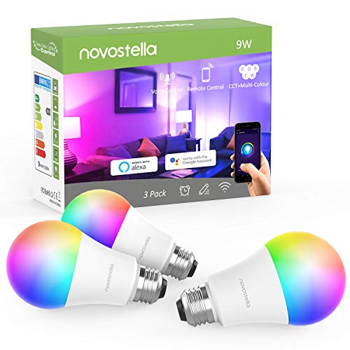 Novostella 900LM LED Lámpara Multicolor con Control Remoto Regulable RGB+Blanco Luz Puro Google 9W Bombilla Inteligente WiFi E27 2700K-6500K Intensidad Ajustable Funciona con Alexa 